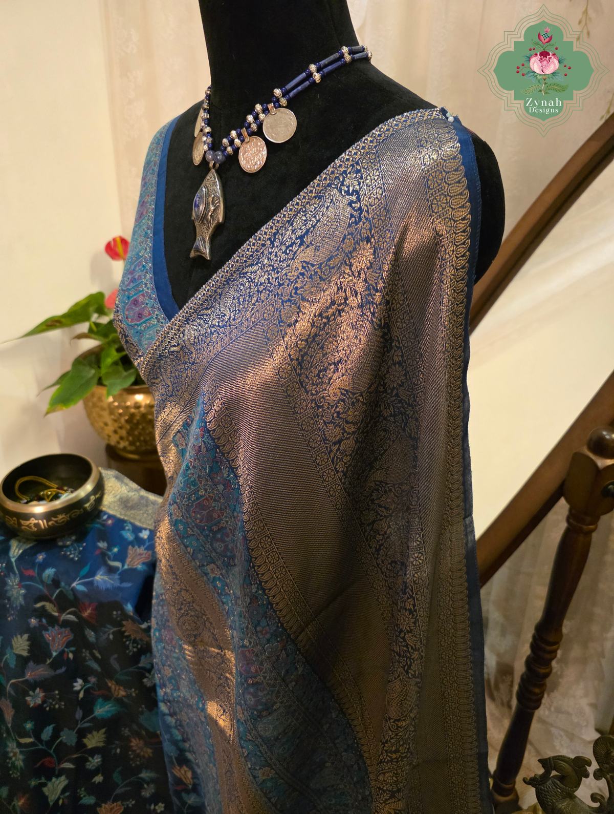 Kshama | Midnight Blue & Antique Gold Kashmiri Pure Kani Silk Jamavar Weave Saree | Made To Order