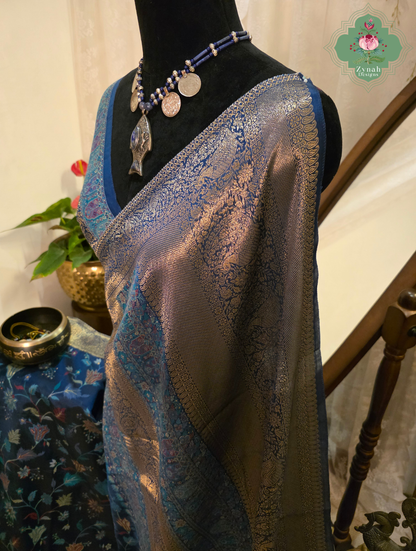 Kshama | Midnight Blue & Antique Gold Kashmiri Pure Kani Silk Jamavar Weave Saree | Made To Order