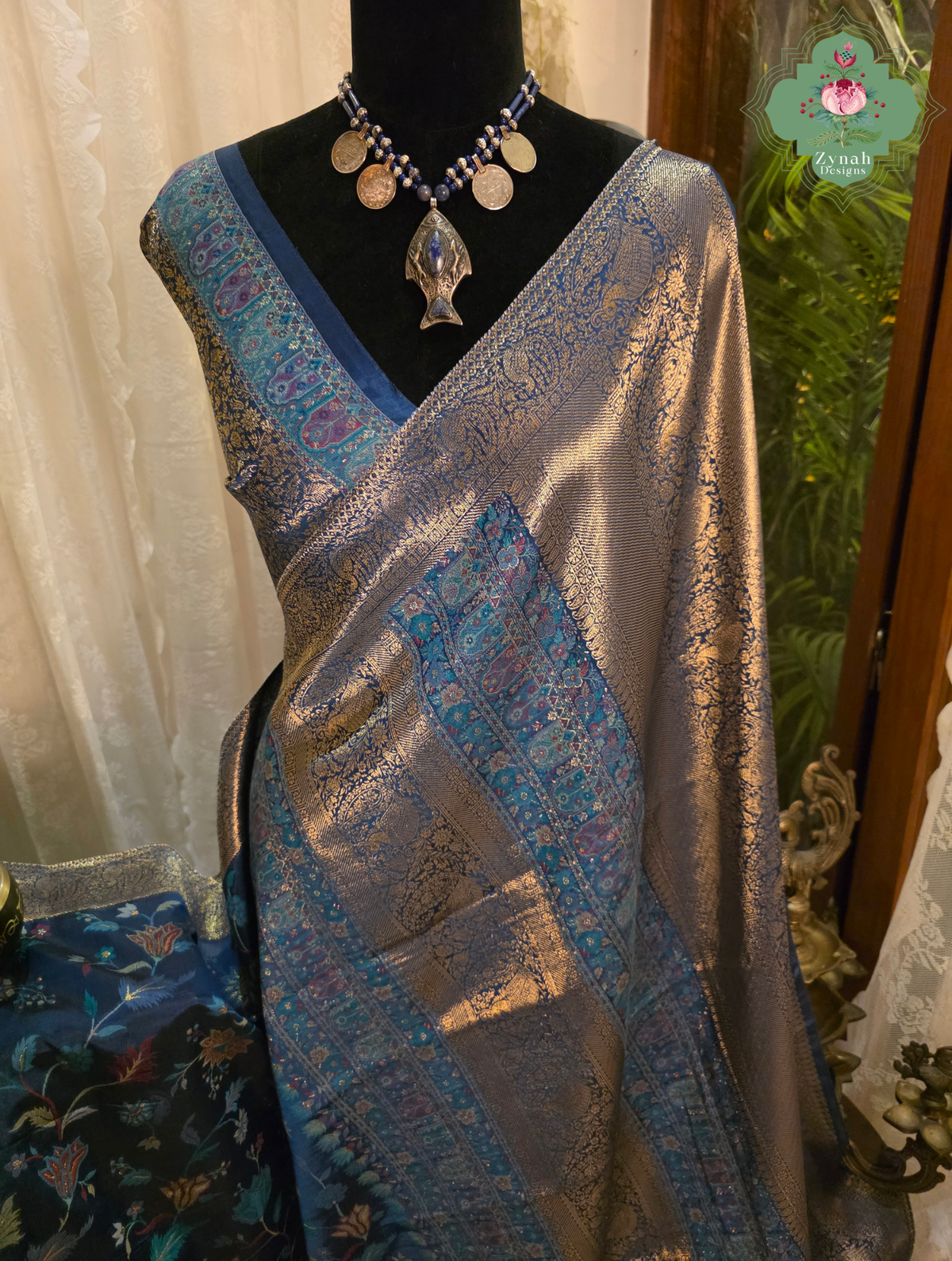 Kshama | Midnight Blue & Antique Gold Kashmiri Pure Kani Silk Jamavar Weave Saree | Made To Order