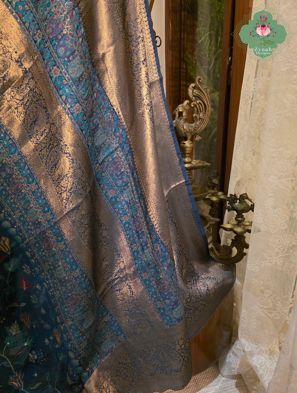 Kshama | Midnight Blue & Antique Gold Kashmiri Pure Kani Silk Jamavar Weave Saree | Made To Order