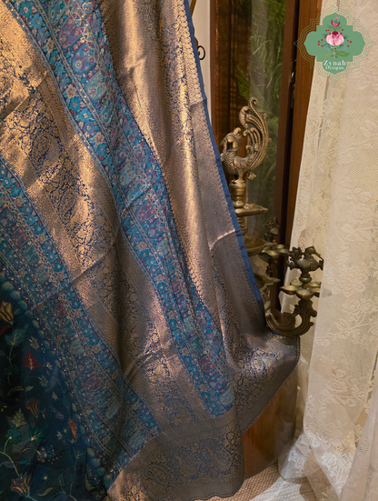 Kshama | Midnight Blue & Antique Gold Kashmiri Pure Kani Silk Jamavar Weave Saree | Made To Order