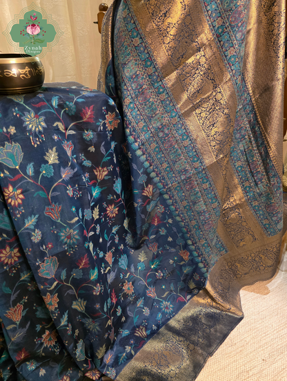 Kshama | Midnight Blue & Antique Gold Kashmiri Pure Kani Silk Jamavar Weave Saree | Made To Order