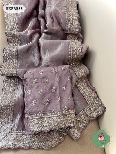 Lavender Pure Silver Tissue Saree With Sequins Embroidered Border