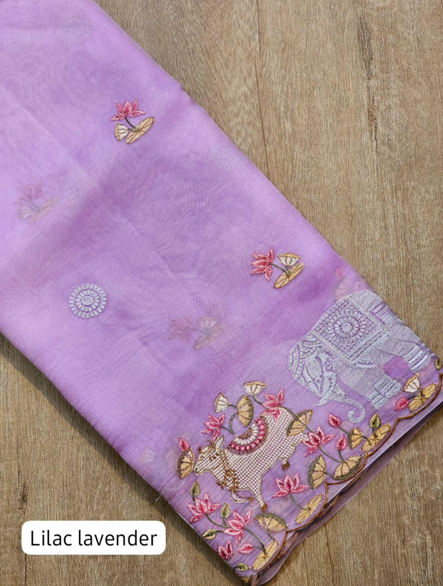 Zynah Pure Organza Silk Sarees With Elephant Pichwai Embroidery & Scallop Border; Custom Stitched/Ready-made Blouse, Fall, Petticoat; SKU: 0401202410