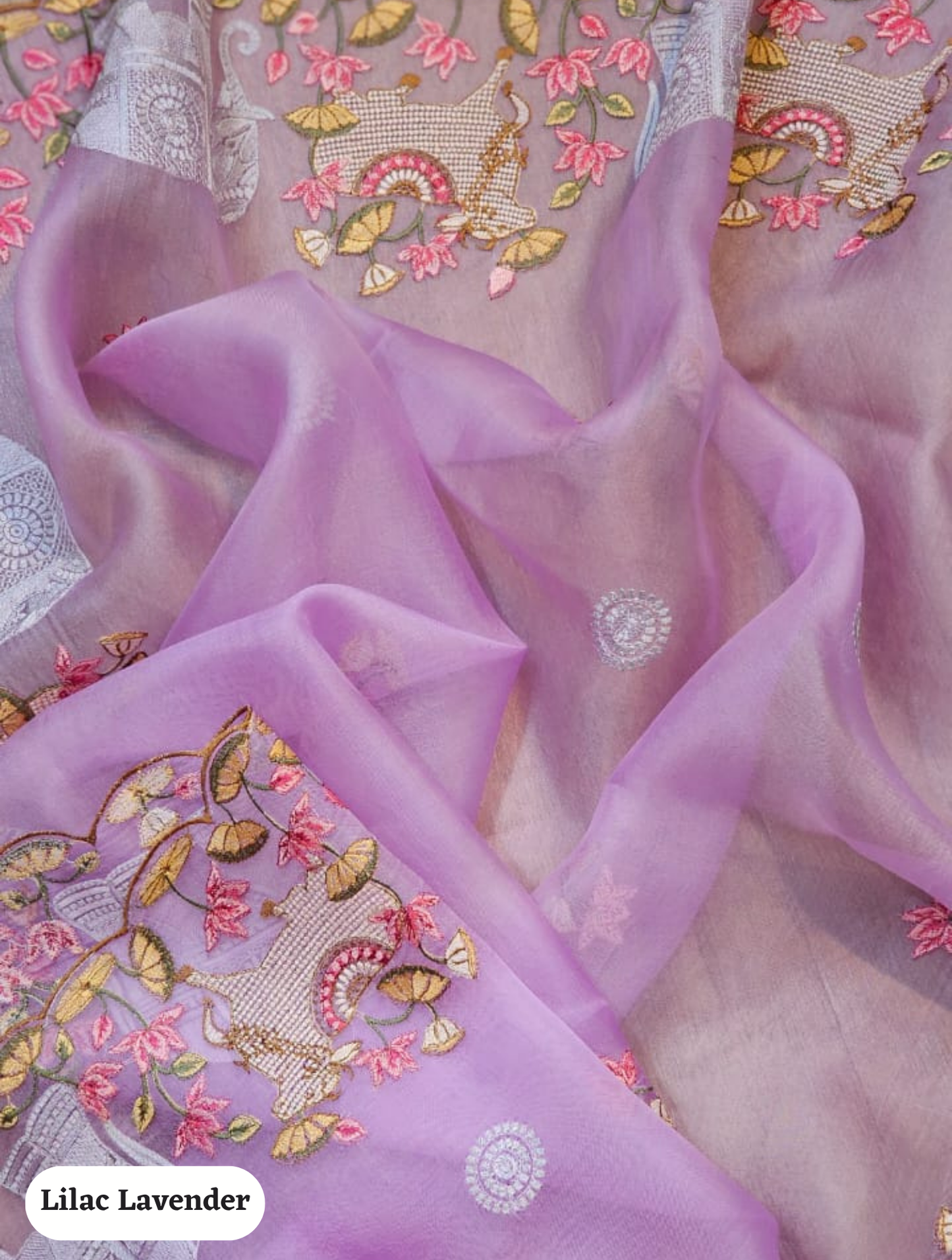 Zynah Pure Organza Silk Sarees With Elephant Pichwai Embroidery & Scallop Border; Custom Stitched/Ready-made Blouse, Fall, Petticoat; SKU: 0401202410