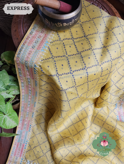 Zynah Lemon Yellow Organza Silk Saree With Bandhani Prints & Multi-coloured Embroidery On Pallu And Border; Custom Stitched/Ready-made Blouse, Fall, Petticoat; SKU: 1905202303