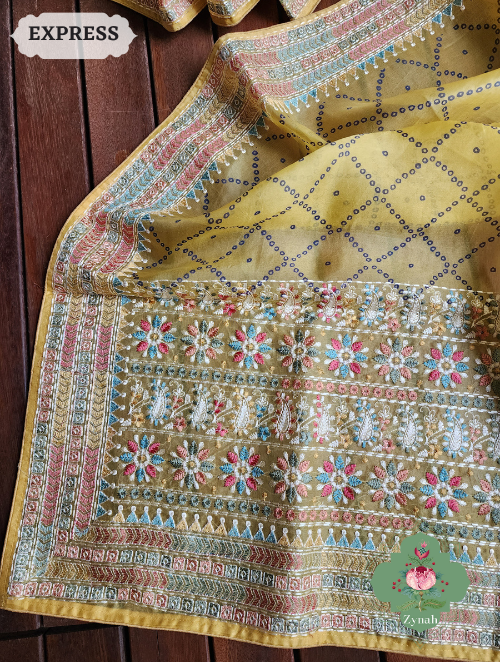 Zynah Lemon Yellow Organza Silk Saree With Bandhani Prints & Multi-coloured Embroidery On Pallu And Border; Custom Stitched/Ready-made Blouse, Fall, Petticoat; SKU: 1905202303