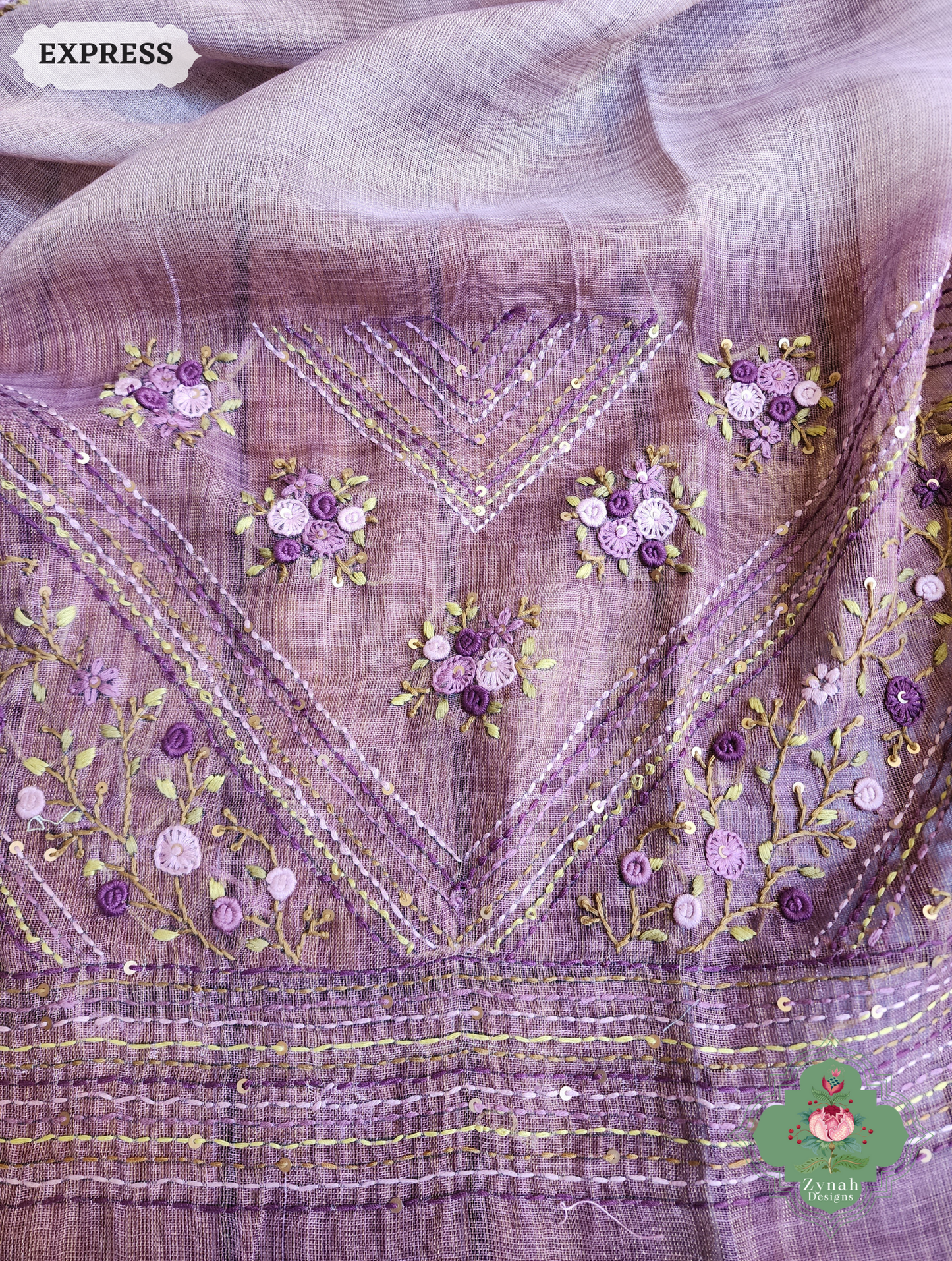 Zynah Lilac Linen Tissue Saree Adorned With French-knot & Kantha Hand Embroidery; Custom Stitched/Ready-made Blouse, Fall, Petticoat; SKU: 1903202508