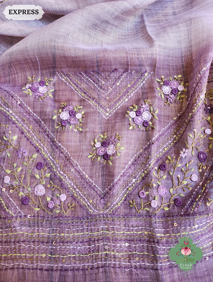 Zynah Lilac Linen Tissue Saree Adorned With French-knot & Kantha Hand Embroidery; Custom Stitched/Ready-made Blouse, Fall, Petticoat; SKU: 1903202508