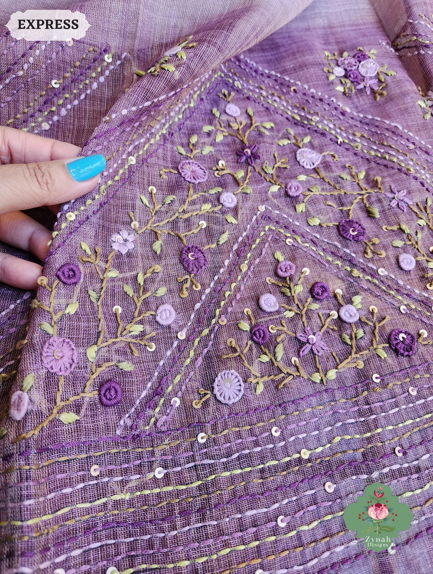 Zynah Lilac Linen Tissue Saree Adorned With French-knot & Kantha Hand Embroidery; Custom Stitched/Ready-made Blouse, Fall, Petticoat; SKU: 1903202508