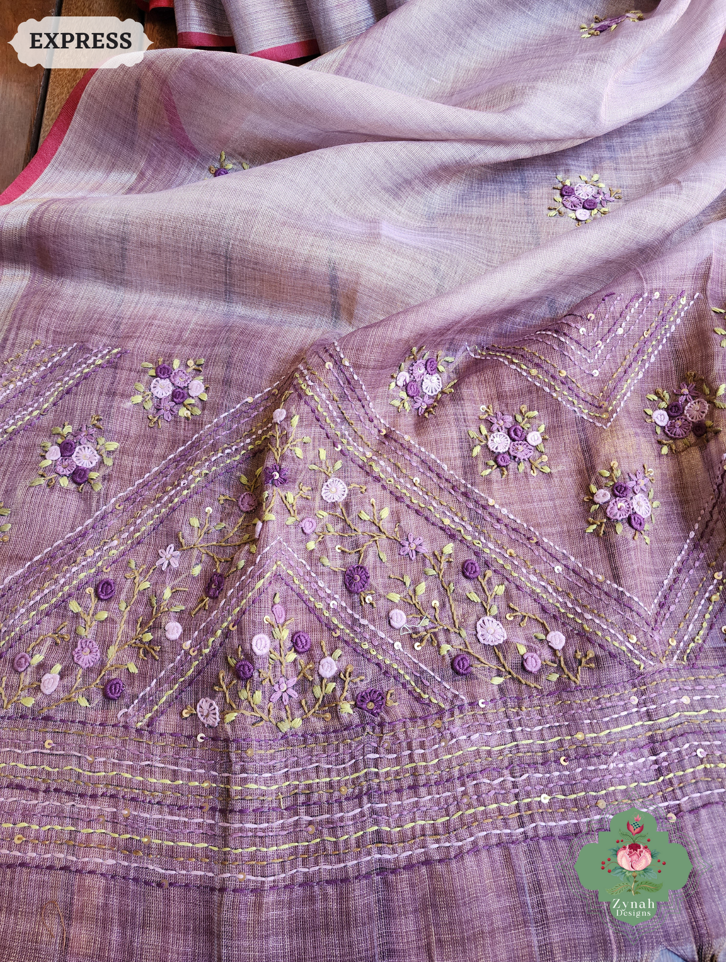 Zynah Lilac Linen Tissue Saree Adorned With French-knot & Kantha Hand Embroidery; Custom Stitched/Ready-made Blouse, Fall, Petticoat; SKU: 1903202508