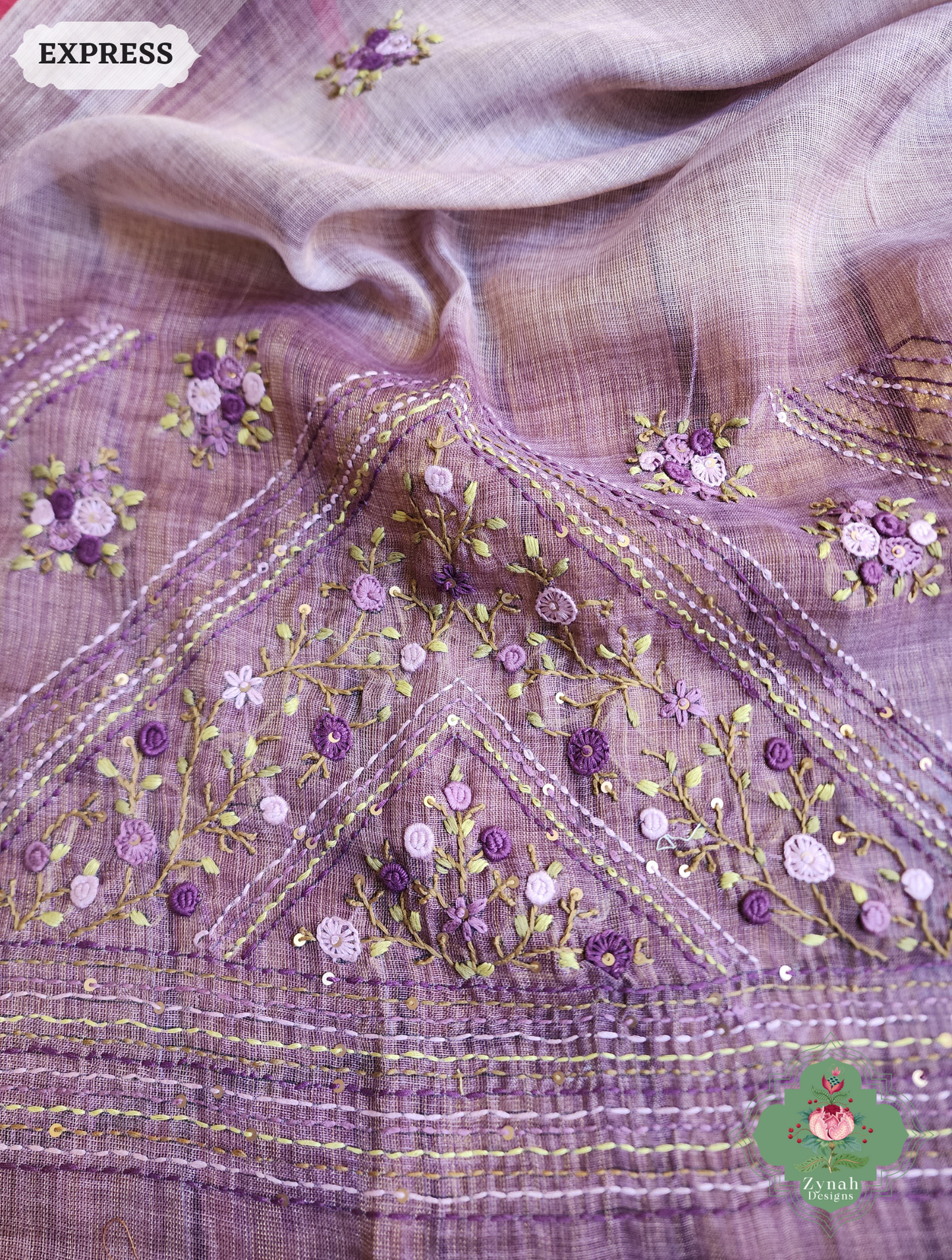 Zynah Lilac Linen Tissue Saree Adorned With French-knot & Kantha Hand Embroidery; Custom Stitched/Ready-made Blouse, Fall, Petticoat; SKU: 1903202508