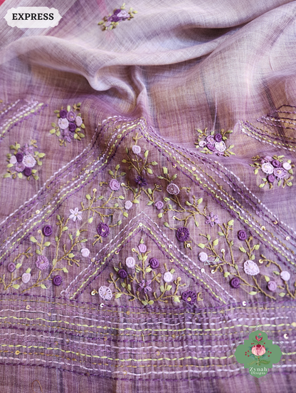 Zynah Lilac Linen Tissue Saree Adorned With French-knot & Kantha Hand Embroidery; Custom Stitched/Ready-made Blouse, Fall, Petticoat; SKU: 1903202508