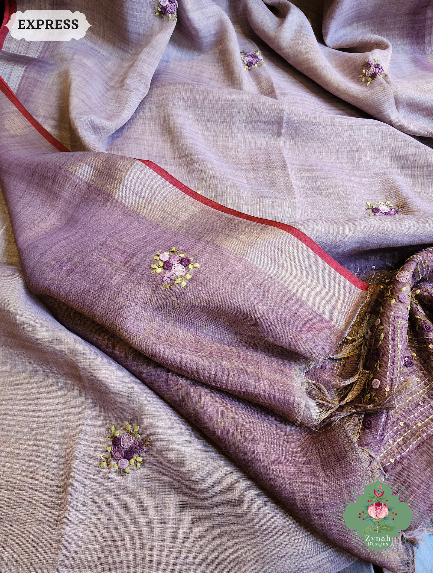 Zynah Lilac Linen Tissue Saree Adorned With French-knot & Kantha Hand Embroidery; Custom Stitched/Ready-made Blouse, Fall, Petticoat; SKU: 1903202508