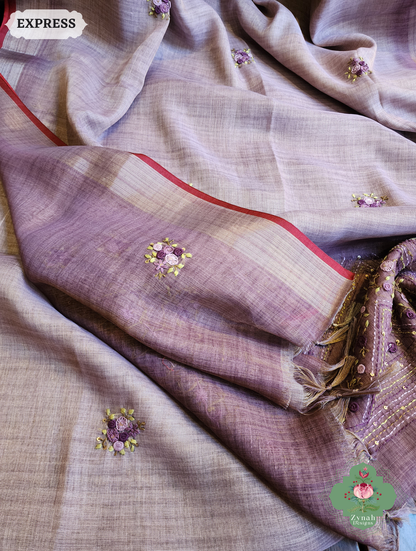 Zynah Lilac Linen Tissue Saree Adorned With French-knot & Kantha Hand Embroidery; Custom Stitched/Ready-made Blouse, Fall, Petticoat; SKU: 1903202508