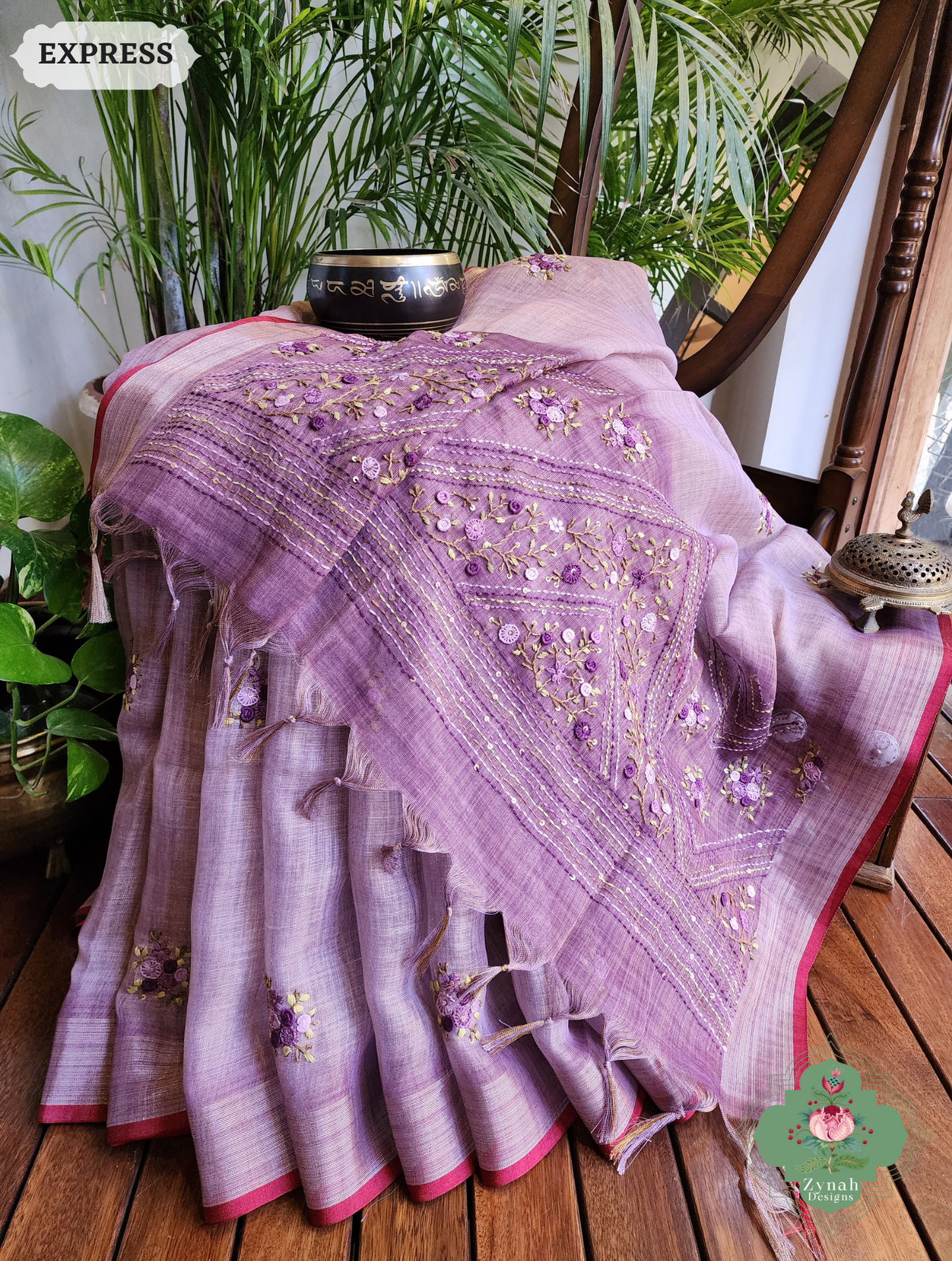 Zynah Lilac Linen Tissue Saree Adorned With French-knot & Kantha Hand Embroidery; Custom Stitched/Ready-made Blouse, Fall, Petticoat; SKU: 1903202508