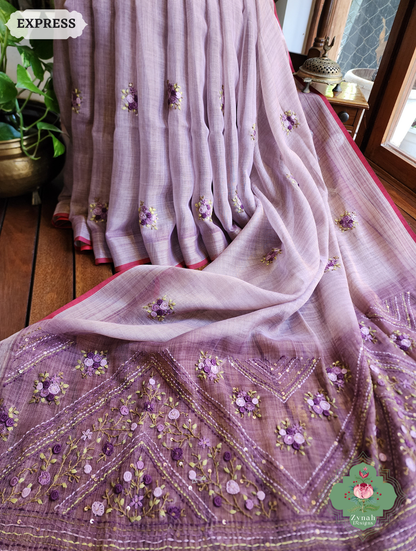 Zynah Lilac Linen Tissue Saree Adorned With French-knot & Kantha Hand Embroidery; Custom Stitched/Ready-made Blouse, Fall, Petticoat; SKU: 1903202508