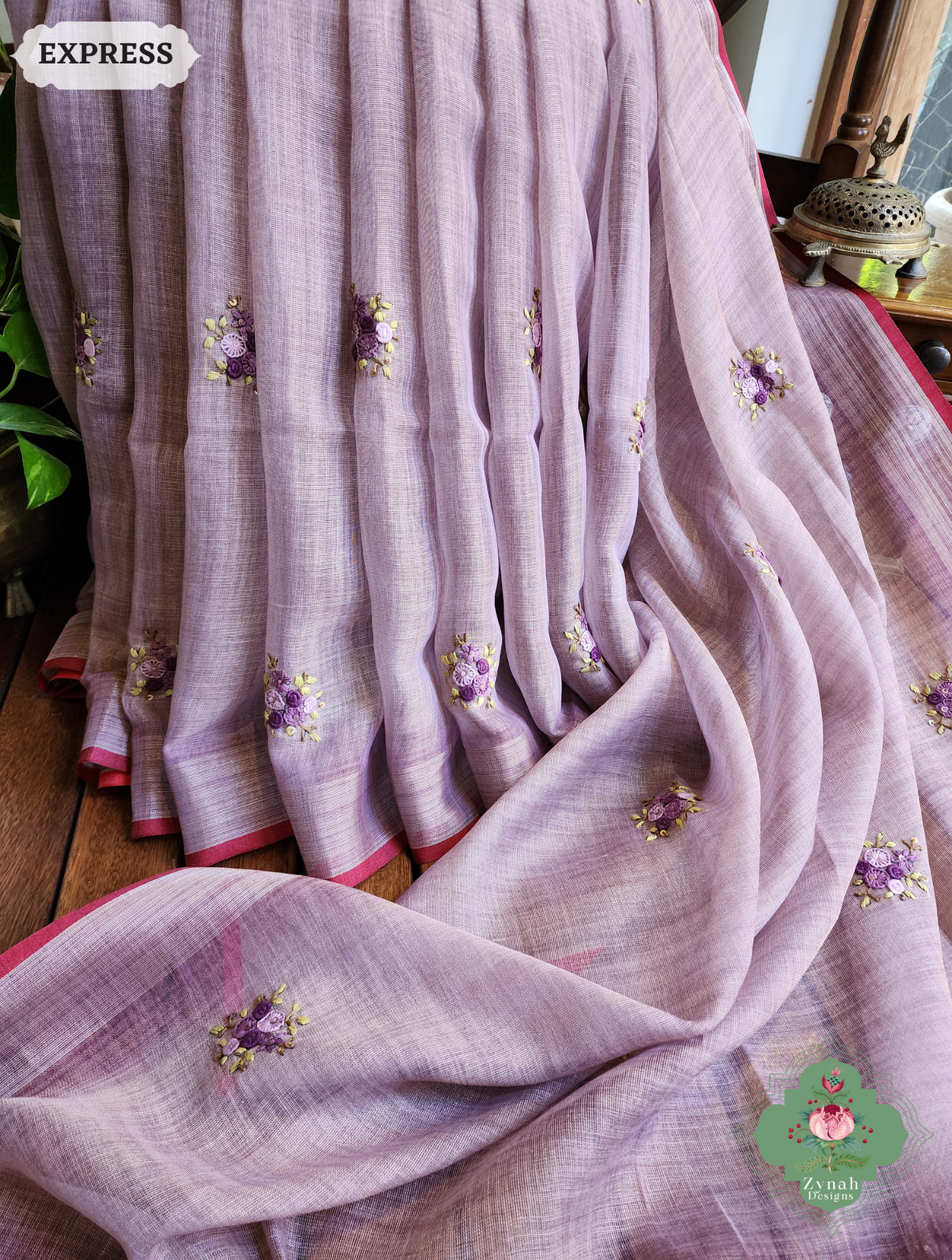 Zynah Lilac Linen Tissue Saree Adorned With French-knot & Kantha Hand Embroidery; Custom Stitched/Ready-made Blouse, Fall, Petticoat; SKU: 1903202508