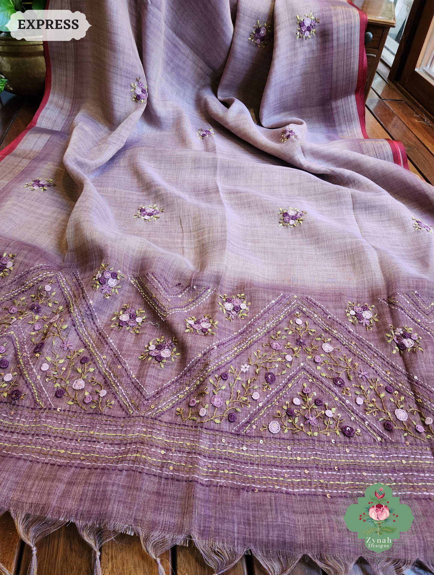 Zynah Lilac Linen Tissue Saree Adorned With French-knot & Kantha Hand Embroidery; Custom Stitched/Ready-made Blouse, Fall, Petticoat; SKU: 1903202508