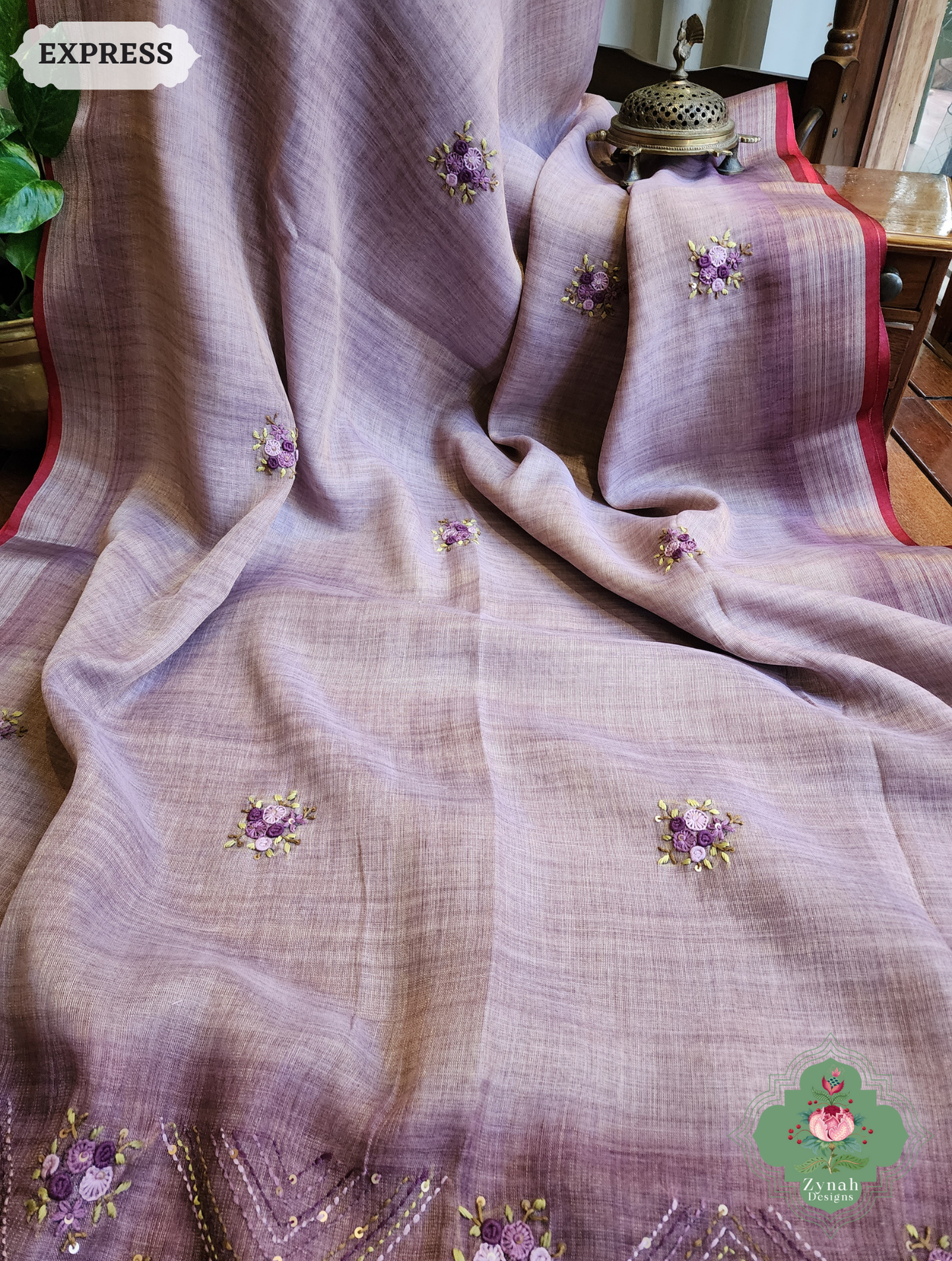 Zynah Lilac Linen Tissue Saree Adorned With French-knot & Kantha Hand Embroidery; Custom Stitched/Ready-made Blouse, Fall, Petticoat; SKU: 1903202508