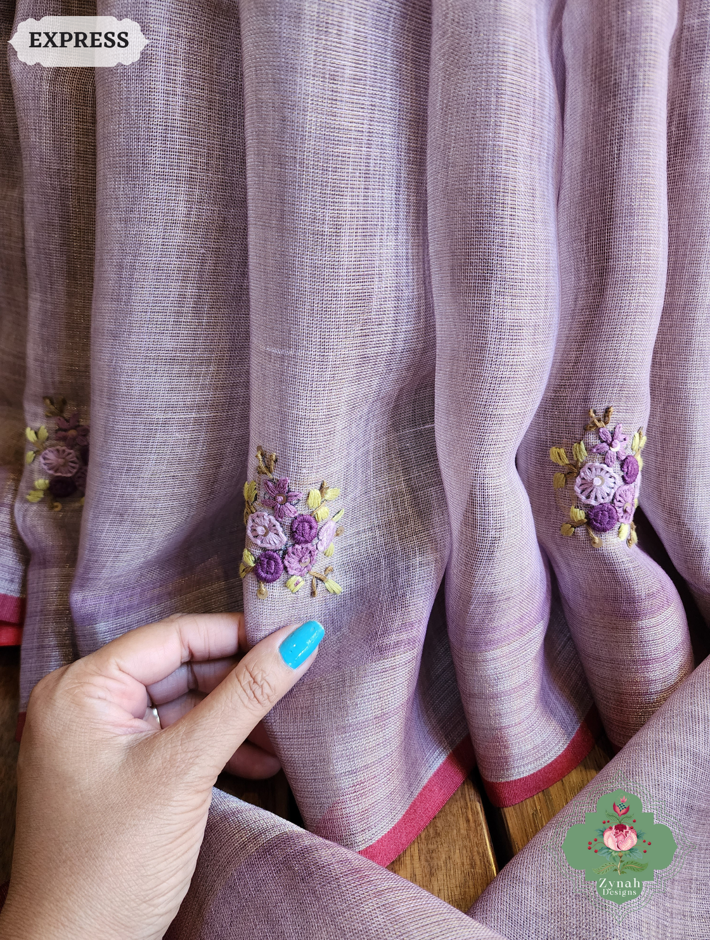 Zynah Lilac Linen Tissue Saree Adorned With French-knot & Kantha Hand Embroidery; Custom Stitched/Ready-made Blouse, Fall, Petticoat; SKU: 1903202508