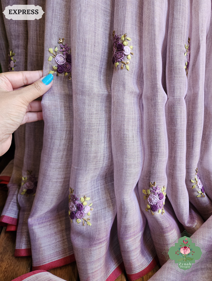 Zynah Lilac Linen Tissue Saree Adorned With French-knot & Kantha Hand Embroidery; Custom Stitched/Ready-made Blouse, Fall, Petticoat; SKU: 1903202508
