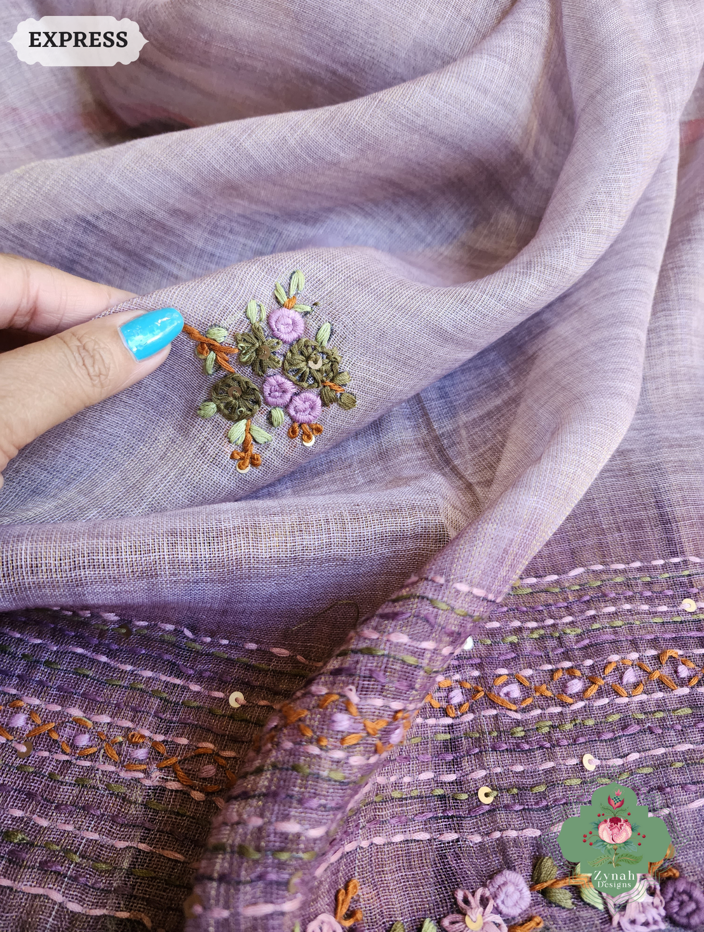 Zynah Lilac Linen Tissue Saree Adorned With French-knot & Kantha Hand Embroidery; Custom Stitched/Ready-made Blouse, Fall, Petticoat; SKU: 1903202509