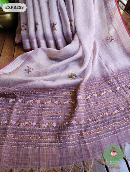 Zynah Lilac Linen Tissue Saree Adorned With French-knot & Kantha Hand Embroidery; Custom Stitched/Ready-made Blouse, Fall, Petticoat; SKU: 1903202509