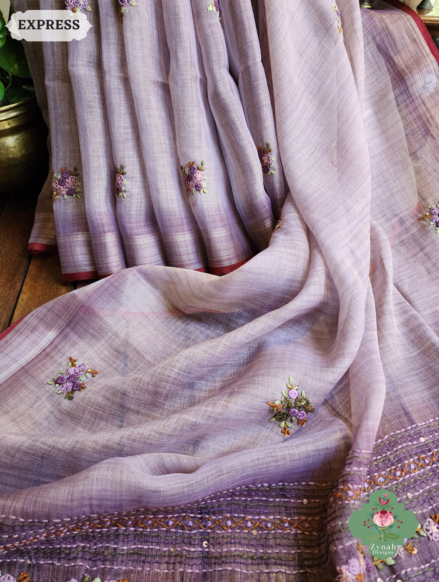 Zynah Lilac Linen Tissue Saree Adorned With French-knot & Kantha Hand Embroidery; Custom Stitched/Ready-made Blouse, Fall, Petticoat; SKU: 1903202509