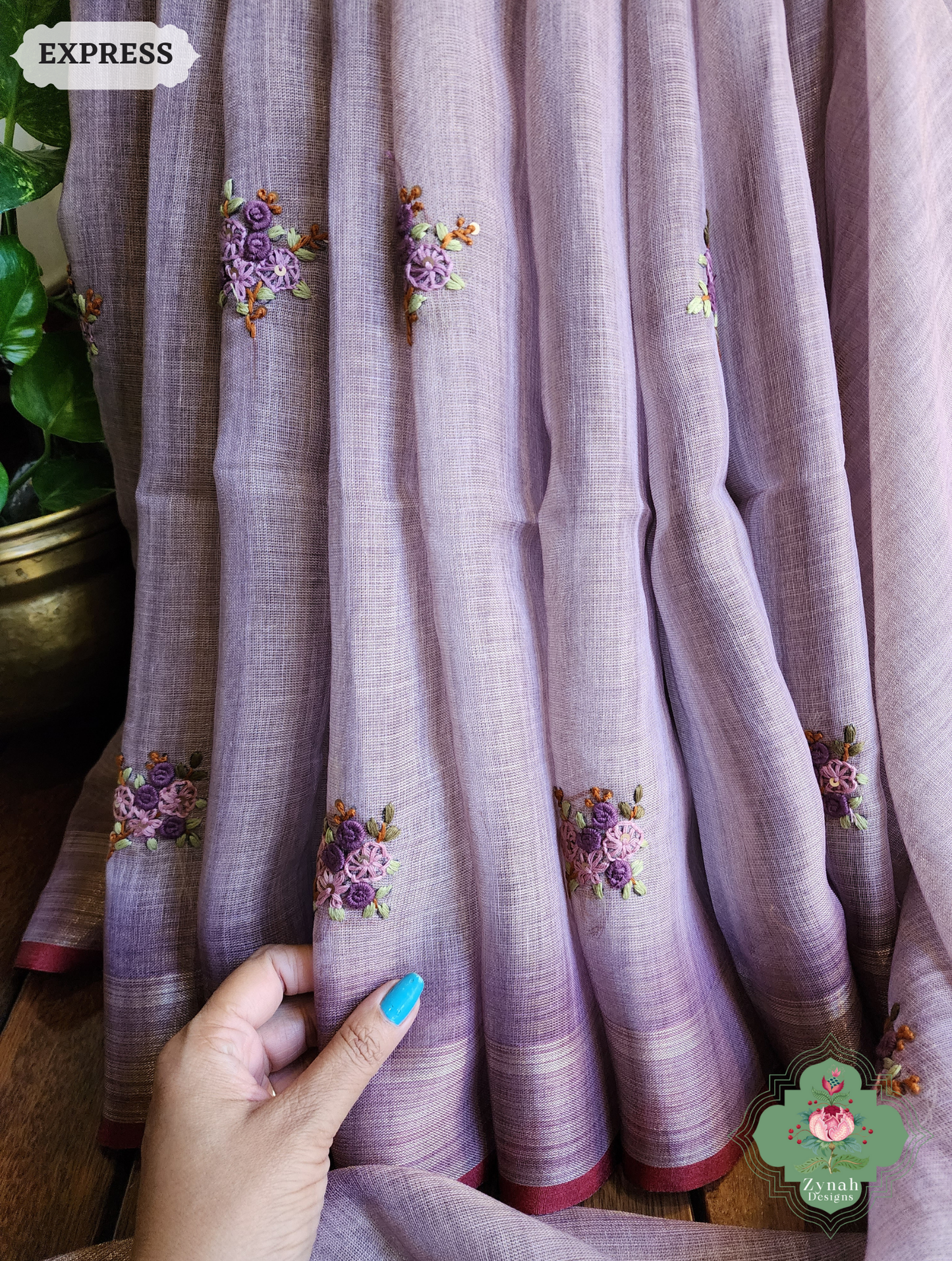 Zynah Lilac Linen Tissue Saree Adorned With French-knot & Kantha Hand Embroidery; Custom Stitched/Ready-made Blouse, Fall, Petticoat; SKU: 1903202509