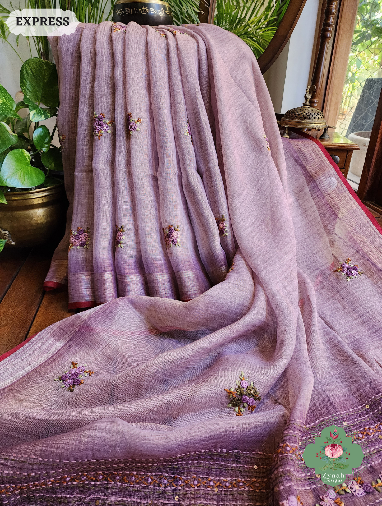 Zynah Lilac Linen Tissue Saree Adorned With French-knot & Kantha Hand Embroidery; Custom Stitched/Ready-made Blouse, Fall, Petticoat; SKU: 1903202509