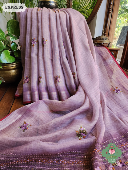 Zynah Lilac Linen Tissue Saree Adorned With French-knot & Kantha Hand Embroidery; Custom Stitched/Ready-made Blouse, Fall, Petticoat; SKU: 1903202509