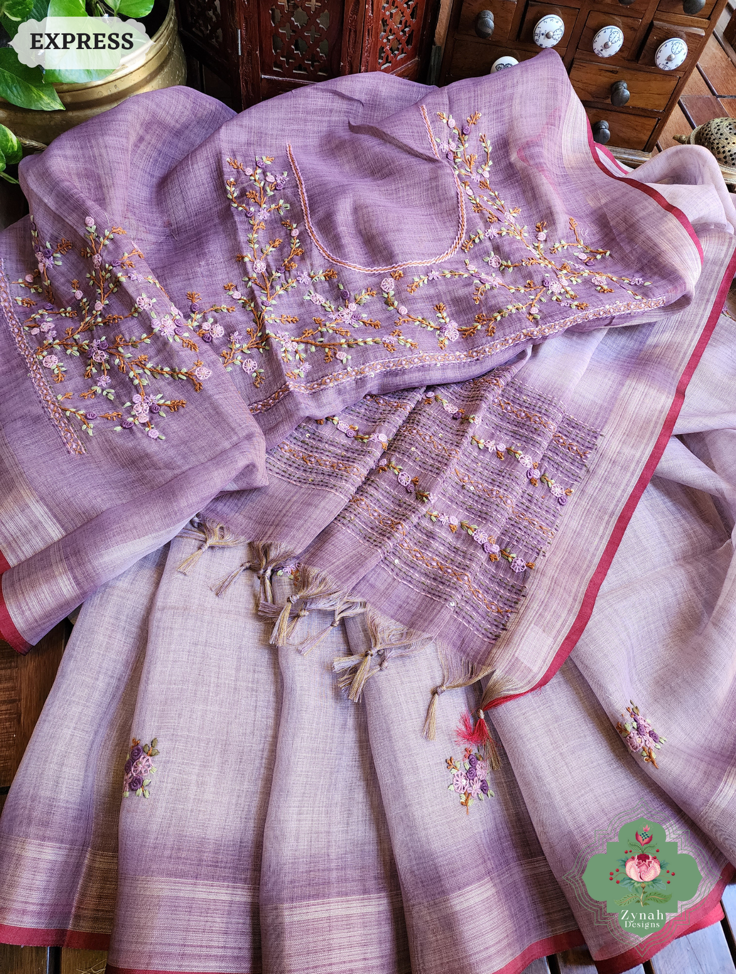 Zynah Lilac Linen Tissue Saree Adorned With French-knot & Kantha Hand Embroidery; Custom Stitched/Ready-made Blouse, Fall, Petticoat; SKU: 1903202509