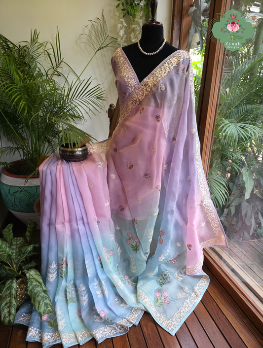 Aafreen Lilac & Blue Ombre Organza Silk Saree With Floral Embroidery