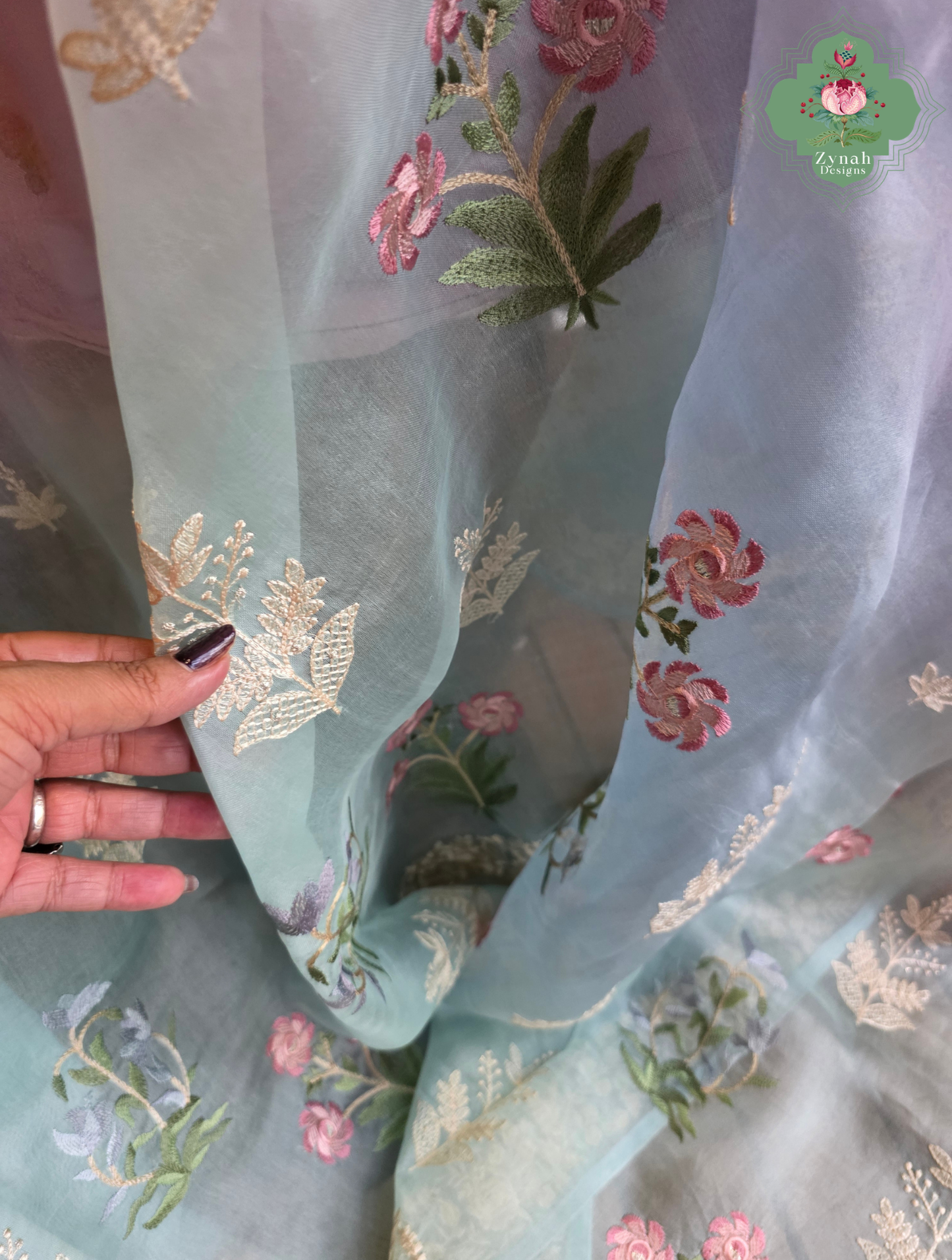 Aafreen Lilac & Blue Ombre Organza Silk Saree With Floral Embroidery