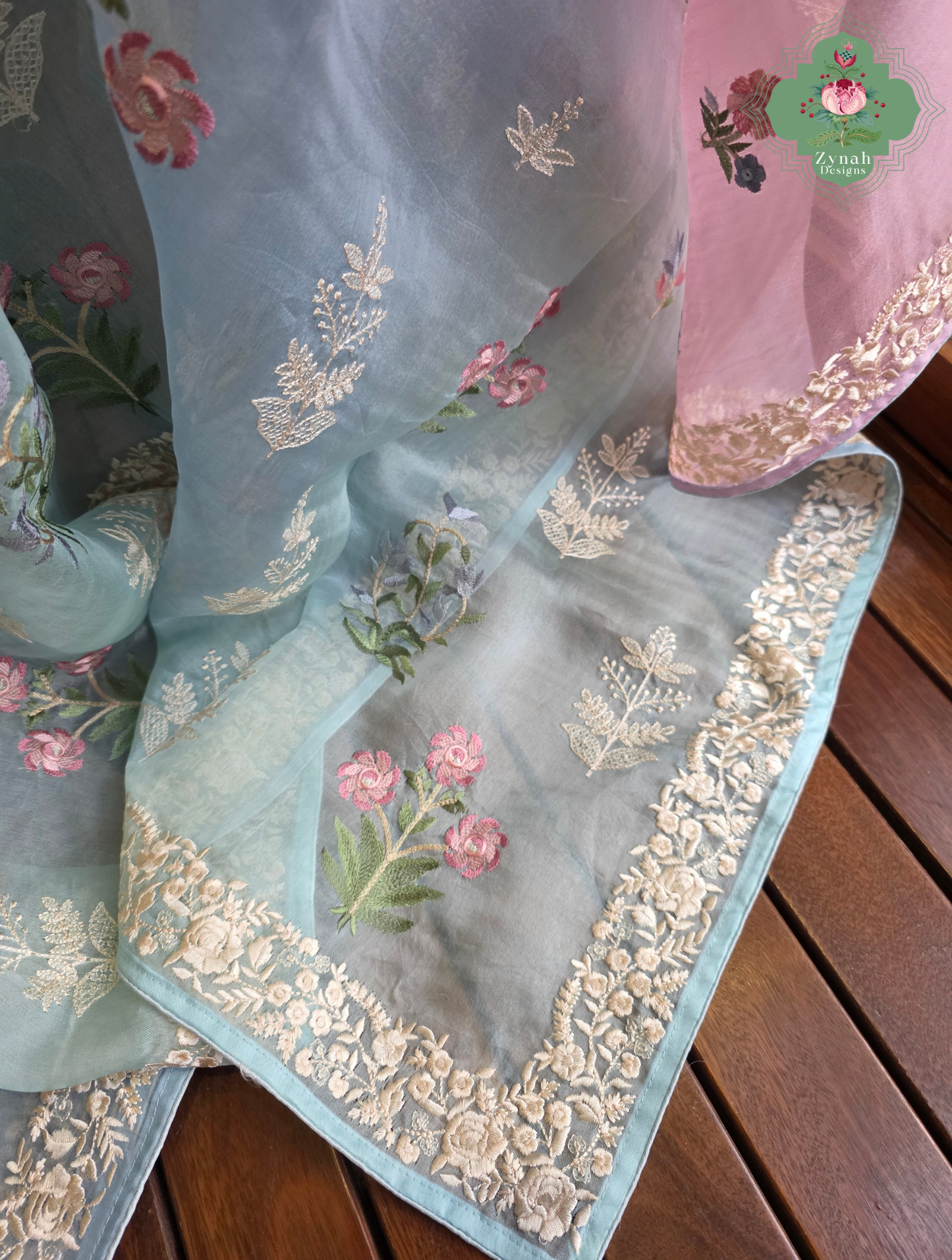 Aafreen Lilac & Blue Ombre Organza Silk Saree With Floral Embroidery
