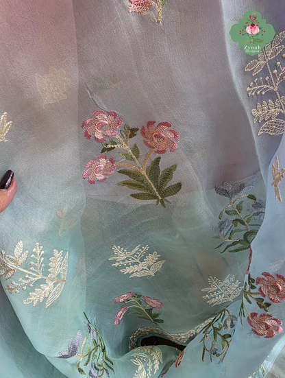 Aafreen Lilac & Blue Ombre Organza Silk Saree With Floral Embroidery