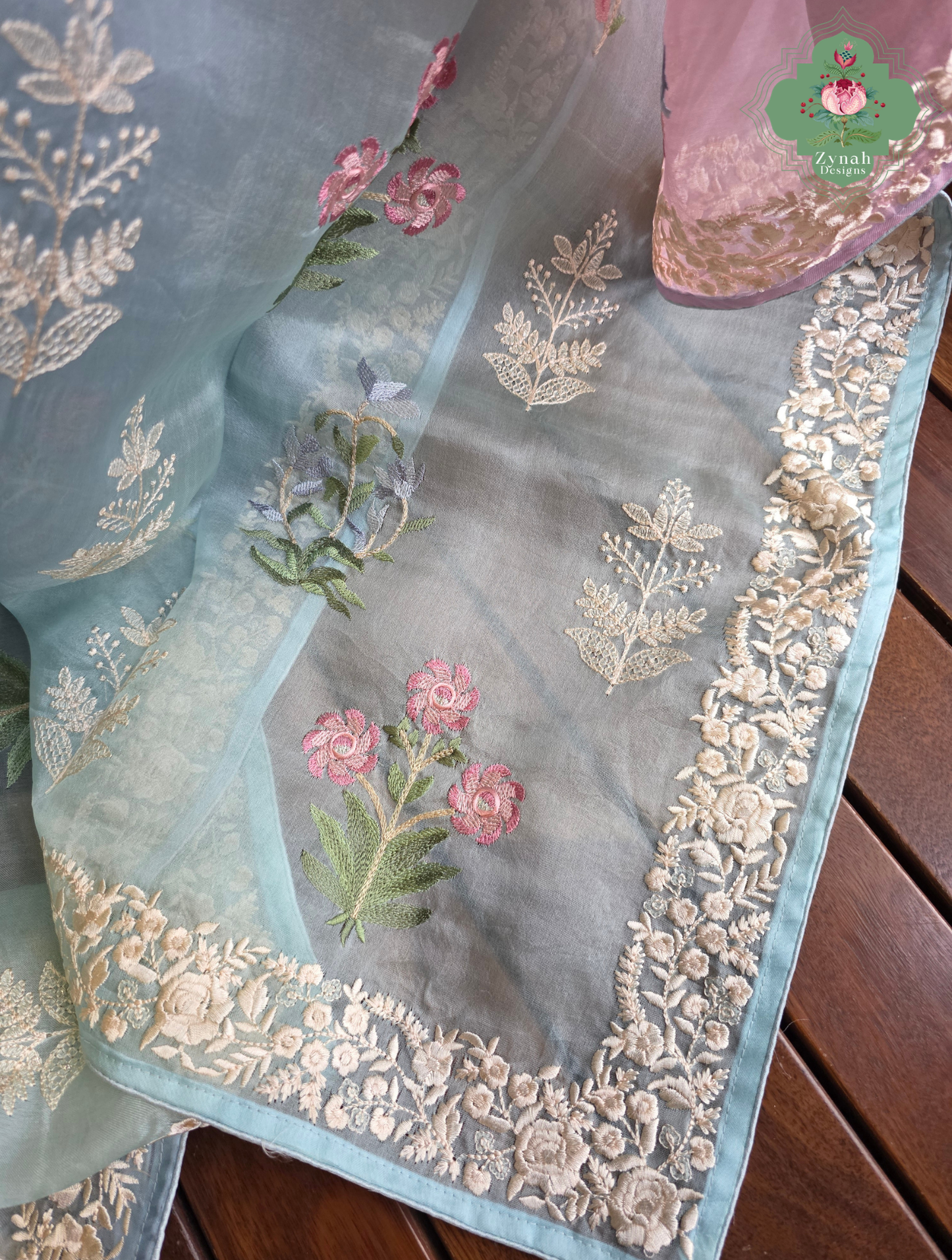 Aafreen Lilac & Blue Ombre Organza Silk Saree With Floral Embroidery