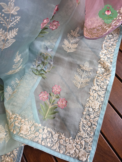 Aafreen Lilac & Blue Ombre Organza Silk Saree With Floral Embroidery