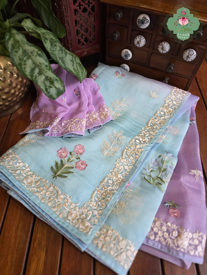 Aafreen Lilac & Blue Ombre Organza Silk Saree With Floral Embroidery