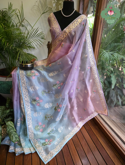 Aafreen Lilac & Blue Ombre Organza Silk Saree With Floral Embroidery