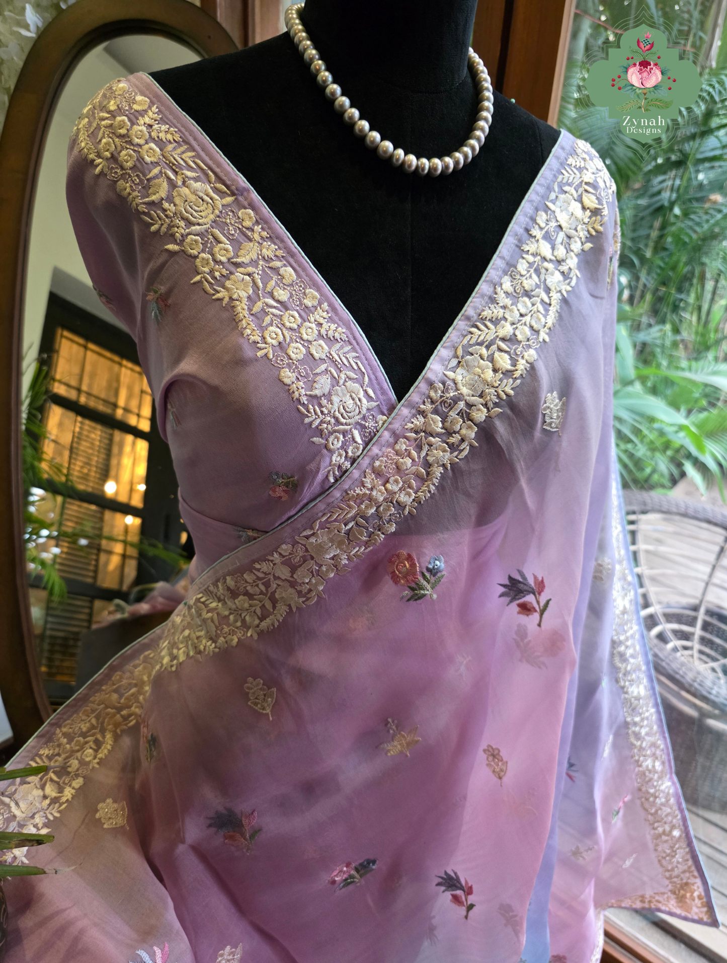 Aafreen Lilac & Blue Ombre Organza Silk Saree With Floral Embroidery
