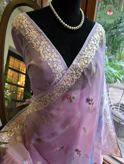 Aafreen Lilac & Blue Ombre Organza Silk Saree With Floral Embroidery