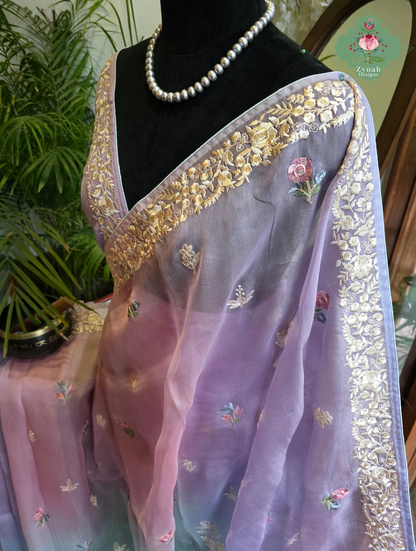 Aafreen Lilac & Blue Ombre Organza Silk Saree With Floral Embroidery