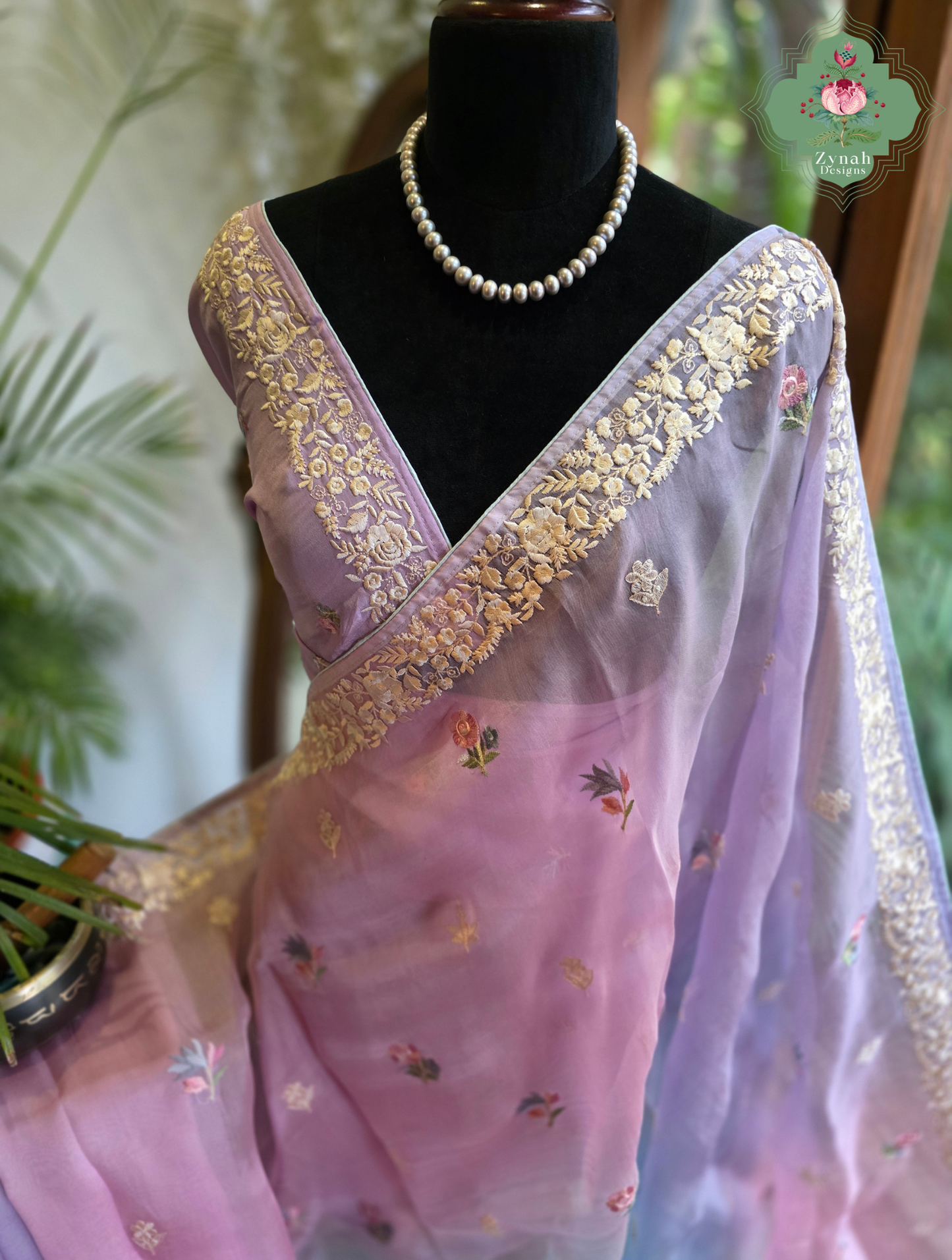 Aafreen Lilac & Blue Ombre Organza Silk Saree With Floral Embroidery