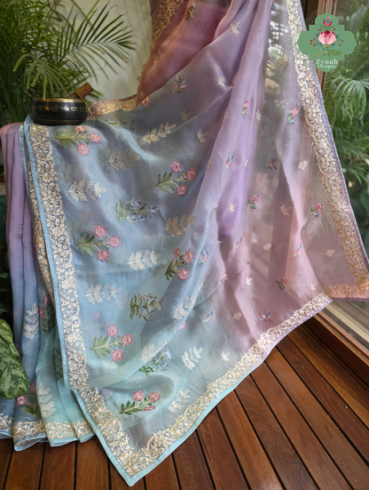 Aafreen Lilac & Blue Ombre Organza Silk Saree With Floral Embroidery
