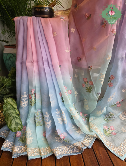 Aafreen Lilac & Blue Ombre Organza Silk Saree With Floral Embroidery