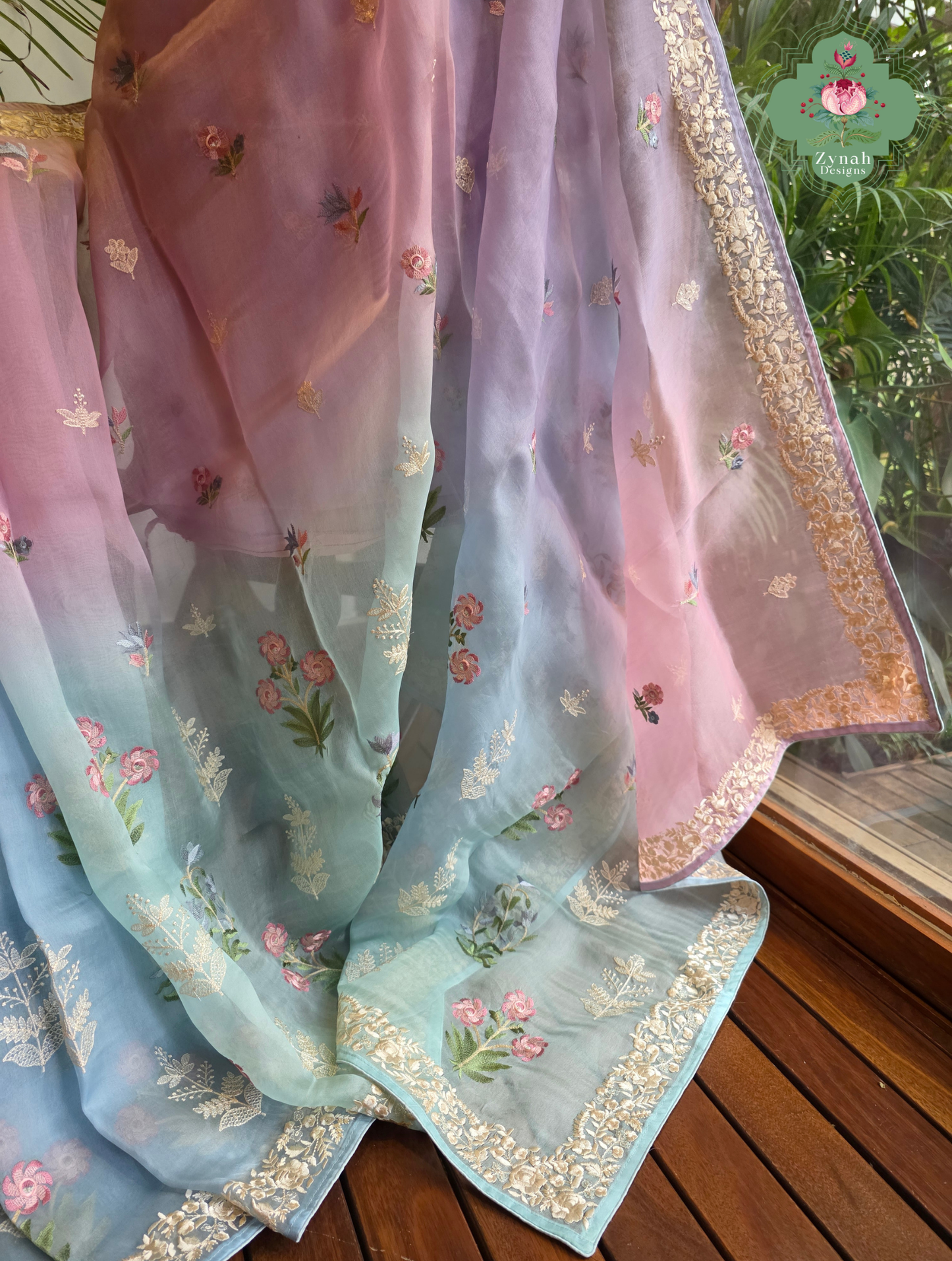 Aafreen Lilac & Blue Ombre Organza Silk Saree With Floral Embroidery