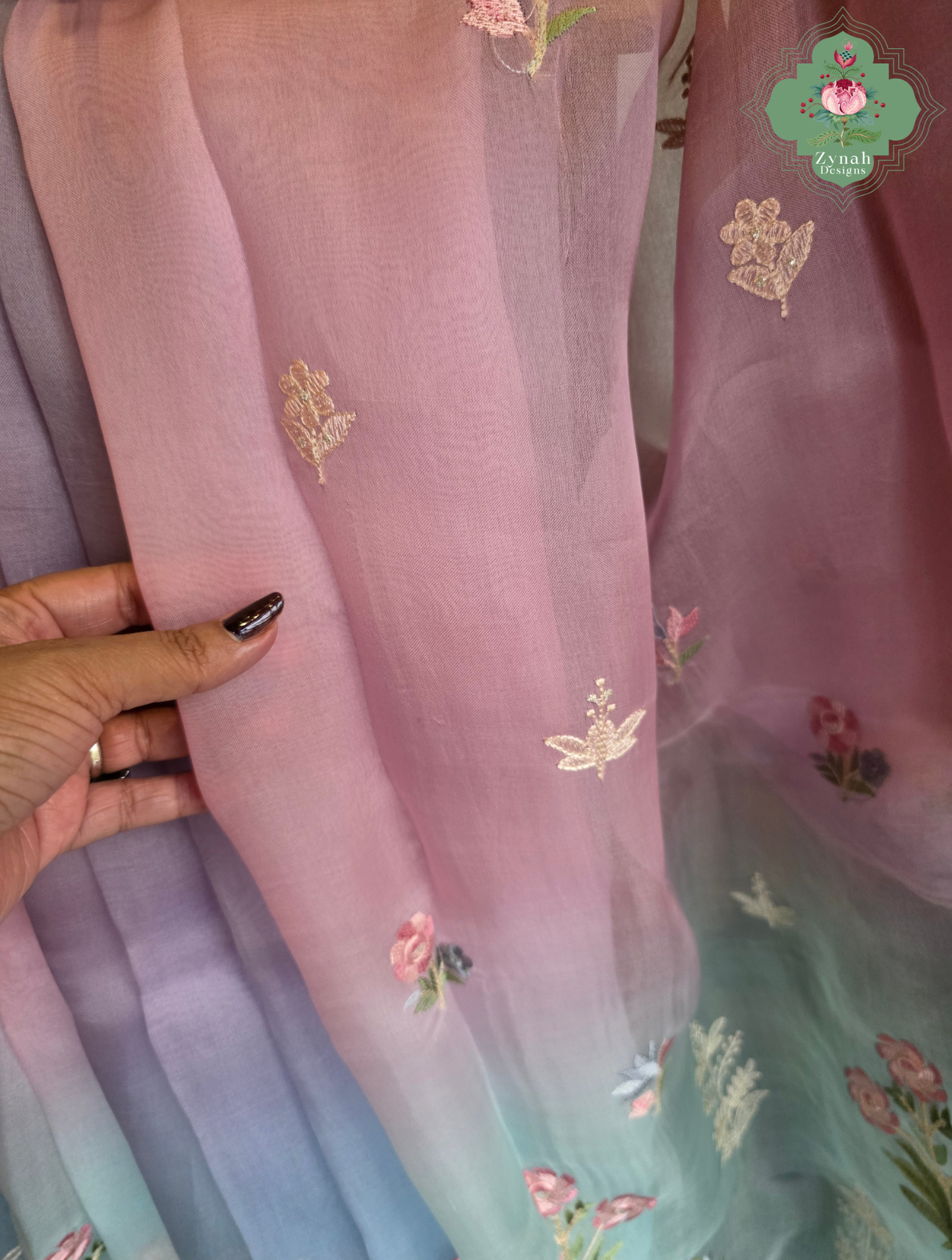 Aafreen Lilac & Blue Ombre Organza Silk Saree With Floral Embroidery