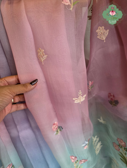 Aafreen Lilac & Blue Ombre Organza Silk Saree With Floral Embroidery